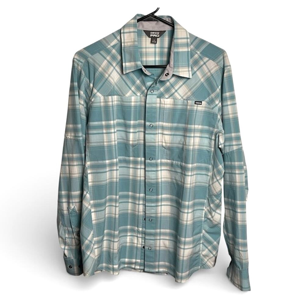 Orvis Teal and White Plaid Button Down Shirt size M